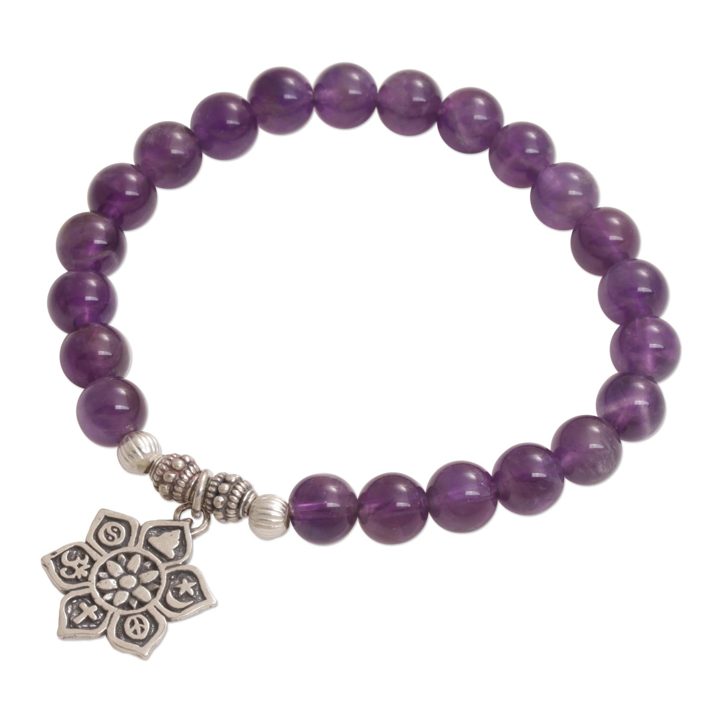 Unity Flower Amethyst Religious Beaded Stretch Bracelet from Bali