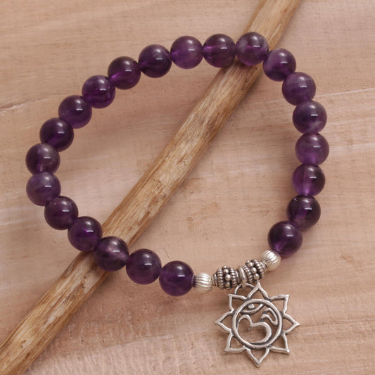 Petaled Om Amethyst Floral Beaded Stretch Bracelet from Bali