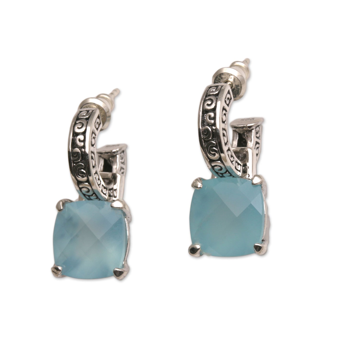 Buddha Hoops Blue Chalcedony and 925 Silver Dangle Earrings from Bali