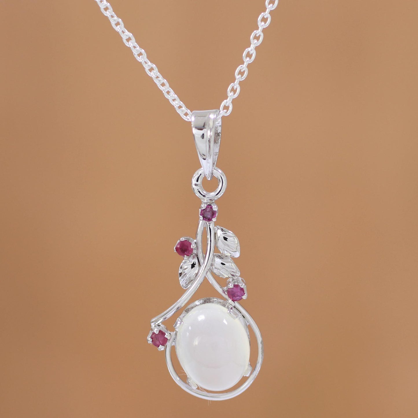 Moonlight Divinity Ruby Moonstone Sterling Silver Necklace