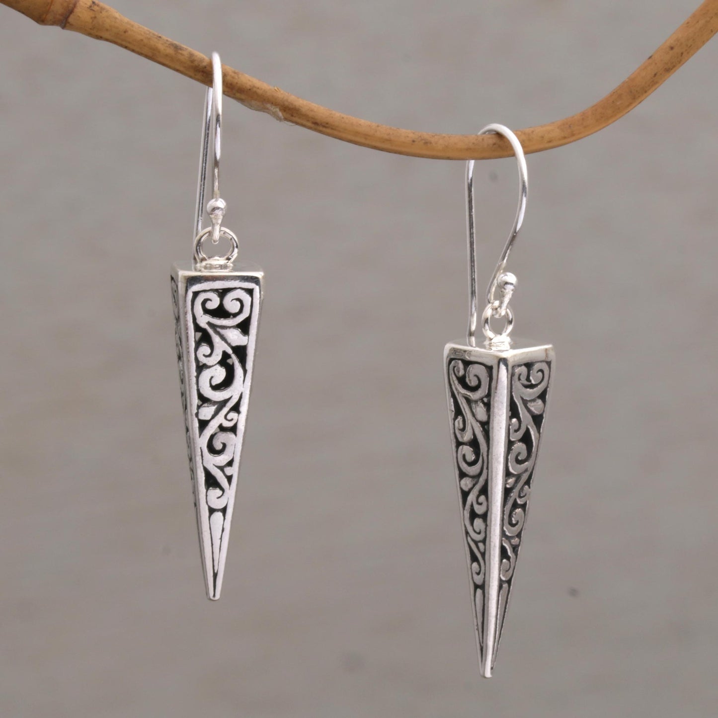 Vine Pyramids Sterling Silver Pyramid-Shaped Earrings from Bali