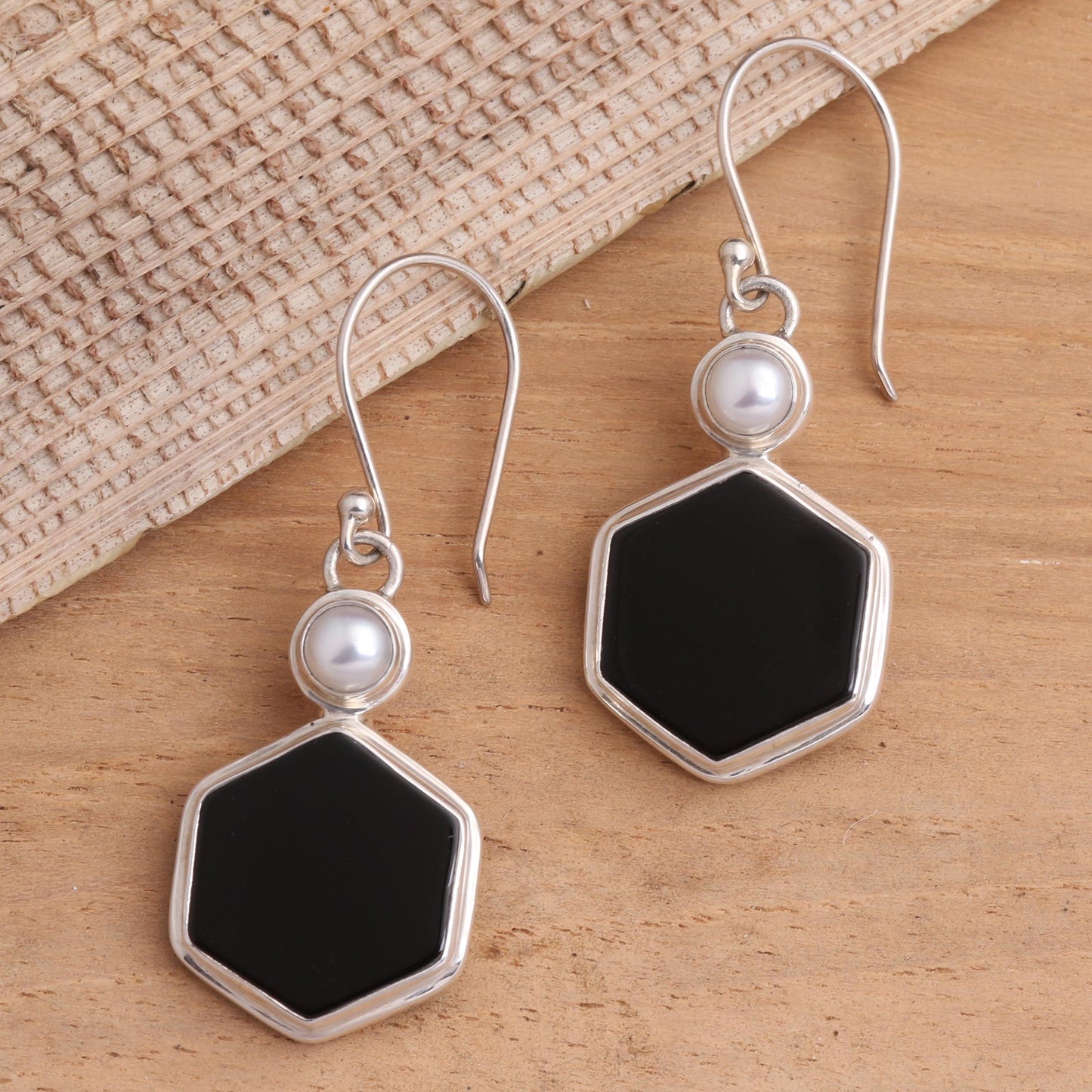 Light and Dark Hexagons Onyx and Cultured Pearl Hexagonal Dangle Earrings from Bali