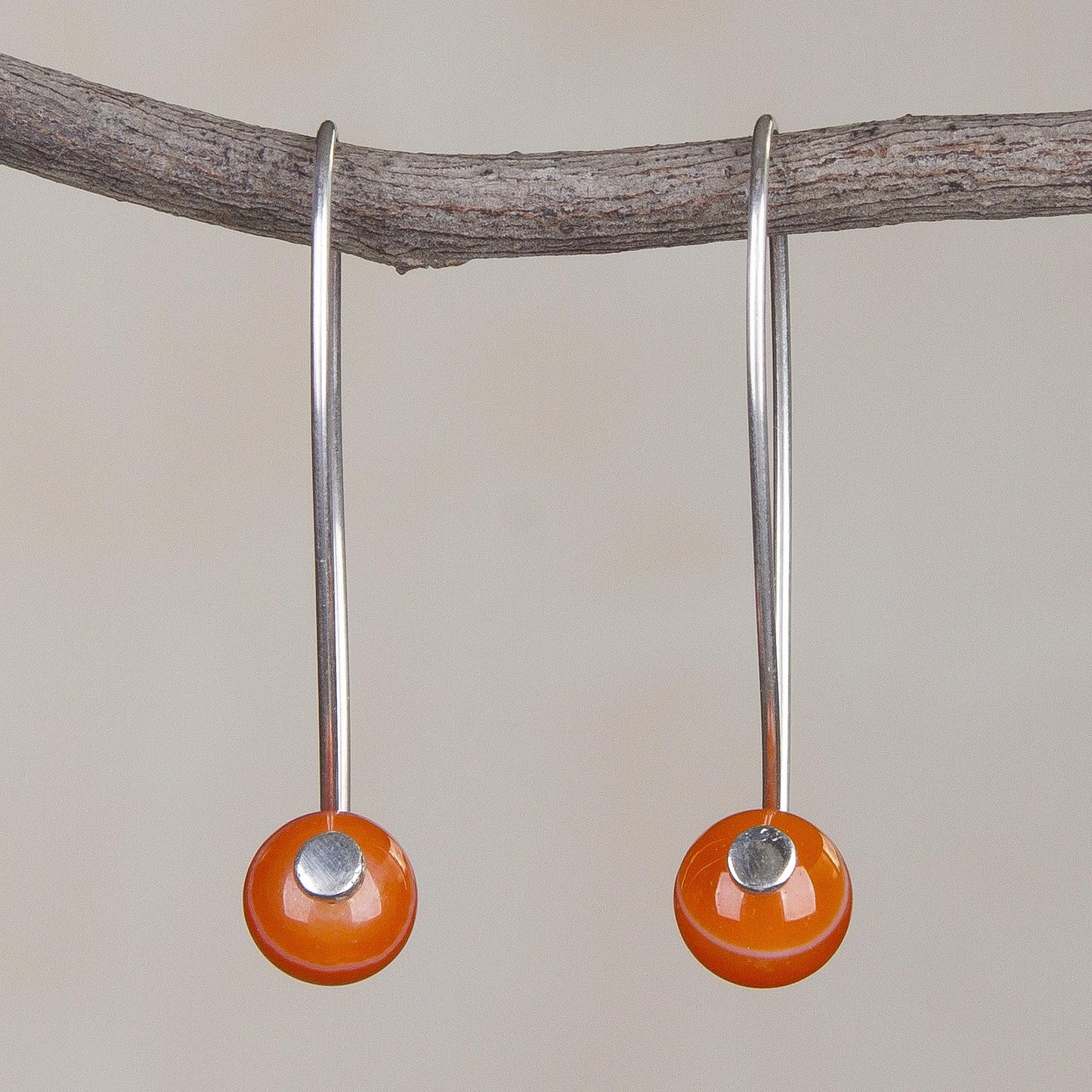 Spheres of Splendor Orange Agate and Sterling Silver Drop Earrings from Peru