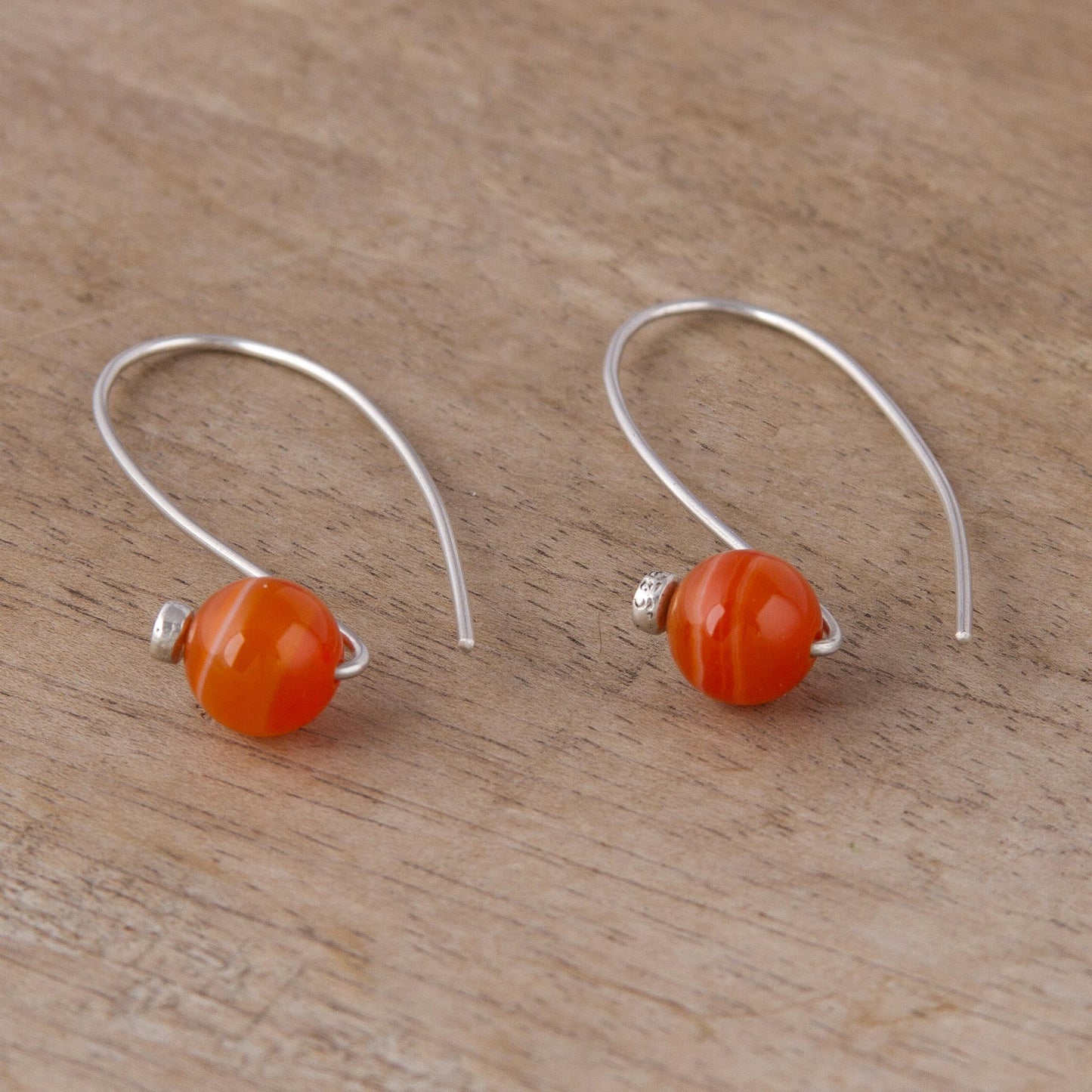 Spheres of Splendor Orange Agate and Sterling Silver Drop Earrings from Peru