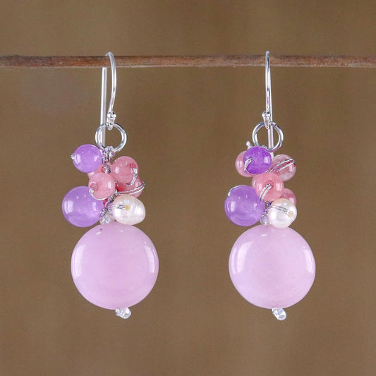 Sweet Thai Joy Handmade Purple and Pink Quartz and Pearl Cluster Earrings