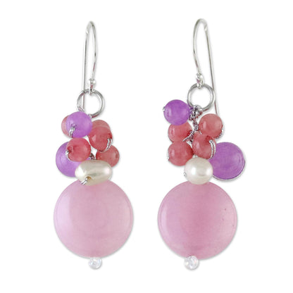 Sweet Thai Joy Handmade Purple and Pink Quartz and Pearl Cluster Earrings