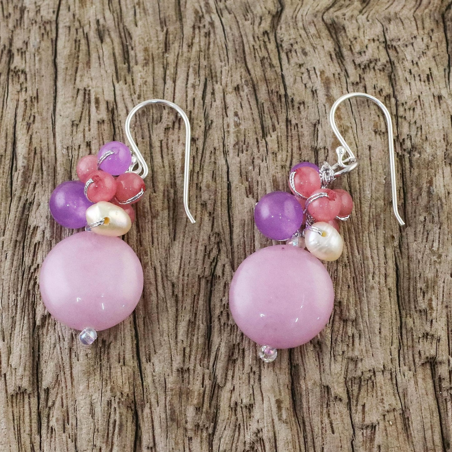 Sweet Thai Joy Handmade Purple and Pink Quartz and Pearl Cluster Earrings