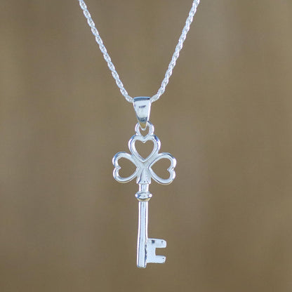 Heart Key Sterling Silver Key Pendant Necklace from Thailand