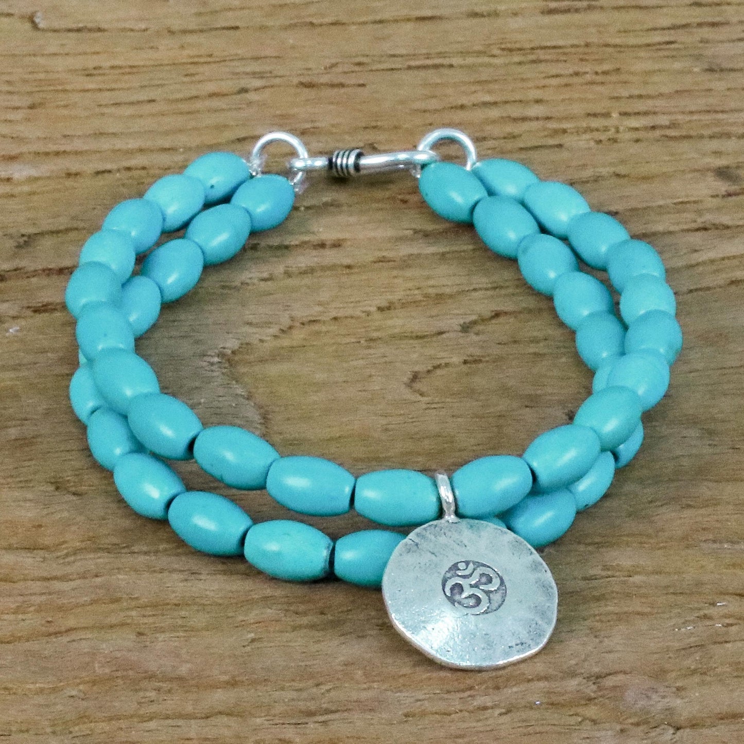 Sky Blue Om Relaxation Calcite and Karen Silver Om Beaded Bracelet from Thailand