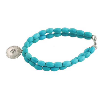 Sky Blue Om Relaxation Calcite and Karen Silver Om Beaded Bracelet from Thailand