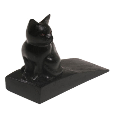 Helpful Kitten In Black Wood Doorstop