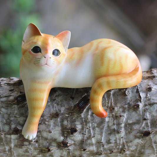 Watchful Orange Cat Painted Suar Wood Sculpture of an Orange Cat from Bali