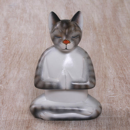 Grey Cat in Deep Meditation Painted Suar Wood Sculpture of a Meditating Cat from Bali