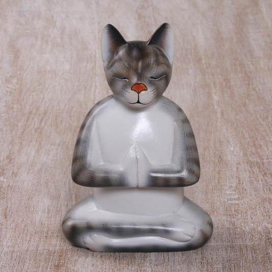 Grey Cat in Deep Meditation Painted Suar Wood Sculpture of a Meditating Cat from Bali