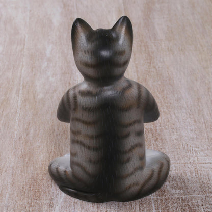 Grey Cat in Deep Meditation Painted Suar Wood Sculpture of a Meditating Cat from Bali