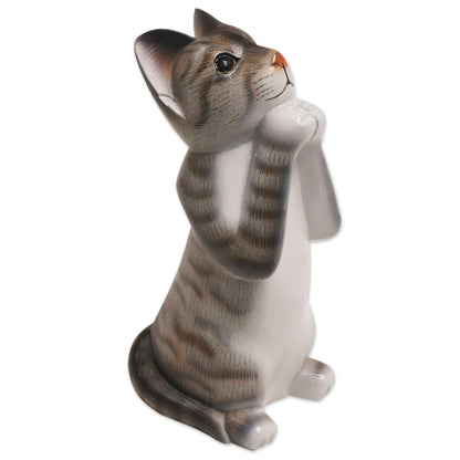 Grey Wishing Cat Painted Suar Wood Sculpture of a Wishful Grey Cat from Bali