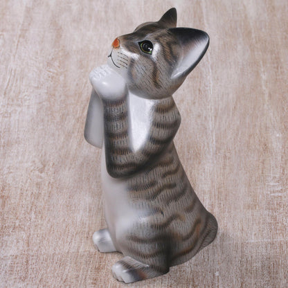 Grey Wishing Cat Painted Suar Wood Sculpture of a Wishful Grey Cat from Bali