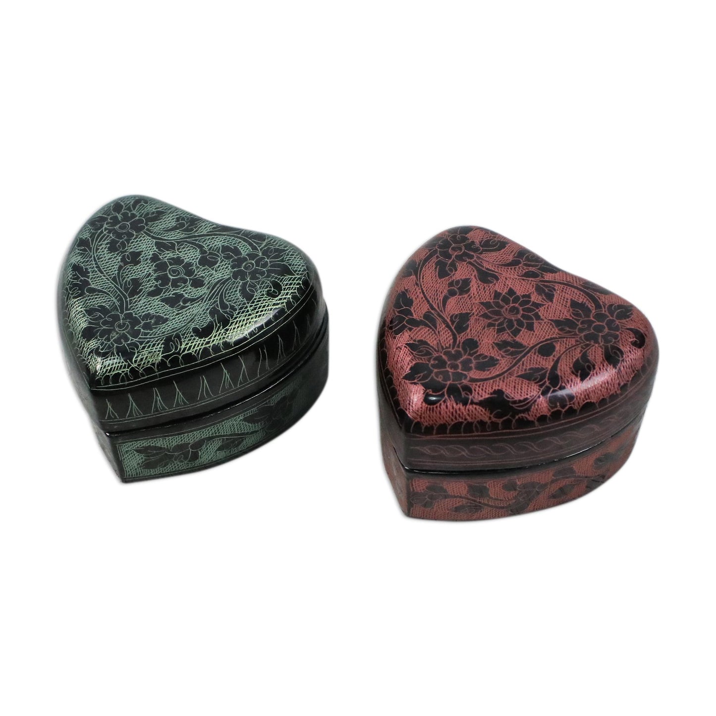 Floral Hearts Lacquerware Heart Shaped Boxes in Pink and Green (Pair)