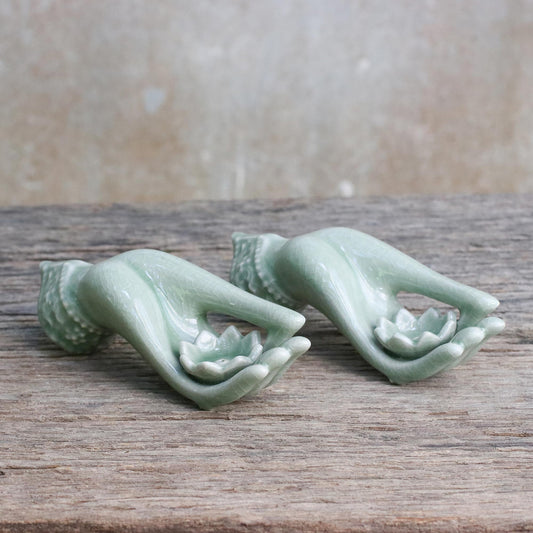 Thai Dance Hands Light Green Celadon Incense Holders Set of 2 from Thailand