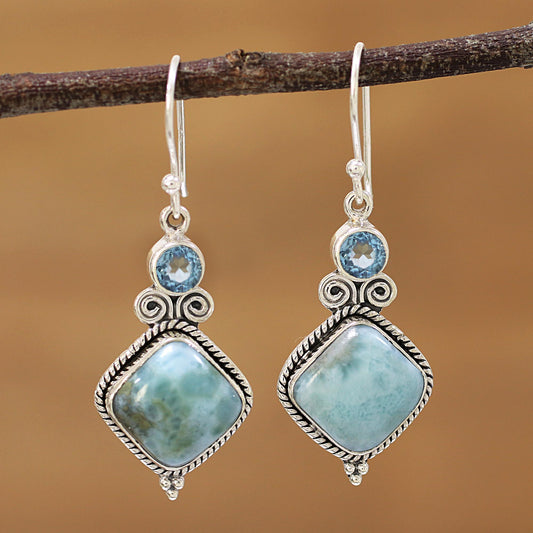 Pastel Seas Blue Topaz and Larimar Sterling Silver Dangle Earrings