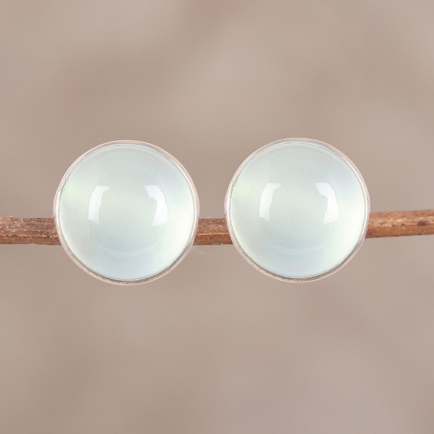 Moonlight Peace Aqua Chalcedony Round Button Earrings from India