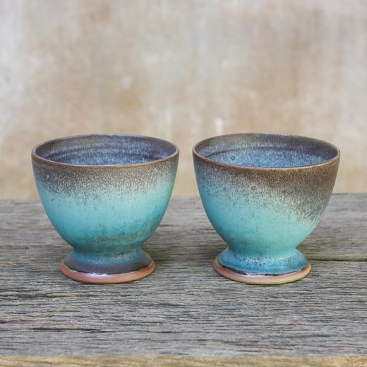 Serene Seas Turquoise and Brown Footed Ceramic Teacups (Pair)