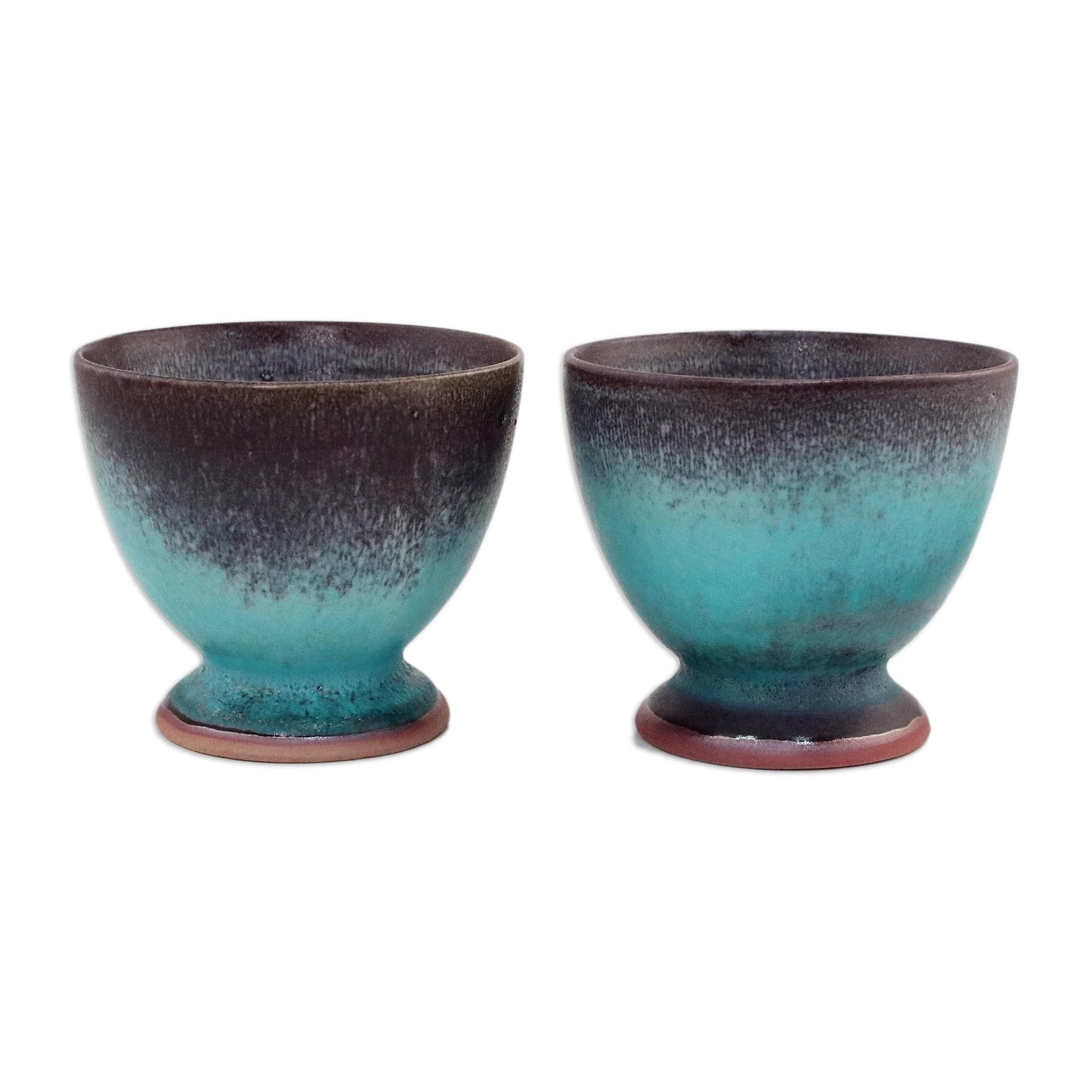 Serene Seas Turquoise and Brown Footed Ceramic Teacups (Pair)