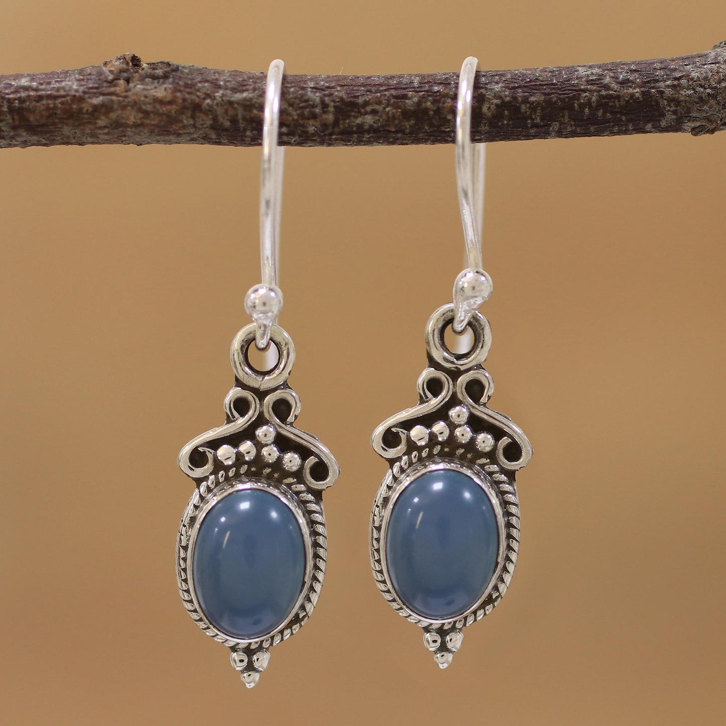 Elegant Gloss in Blue Blue Chalcedony and 925 Silver Dangle Earrings from India