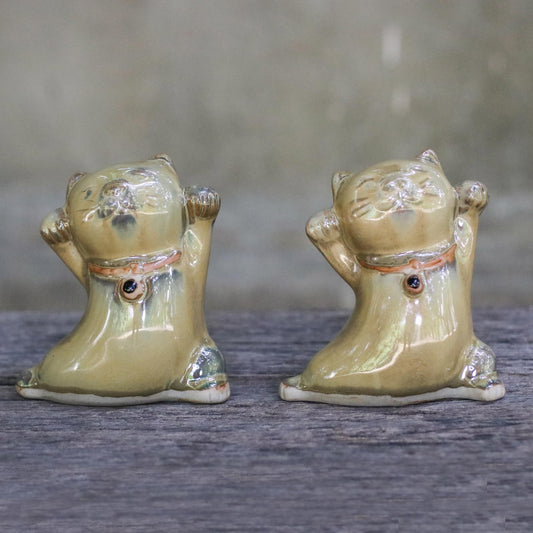 Playful Good Luck Cats 2 Yellow Ceramic Lucky Cat Figurines Crafted in Thailand