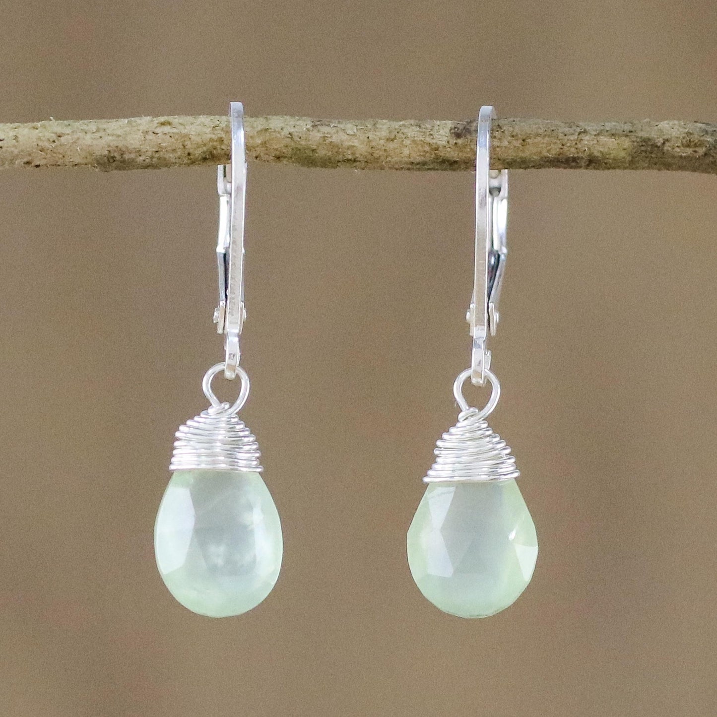 Glamorous Woman Prehnite and Silver Teardrop Dangle Earrings from Thailand