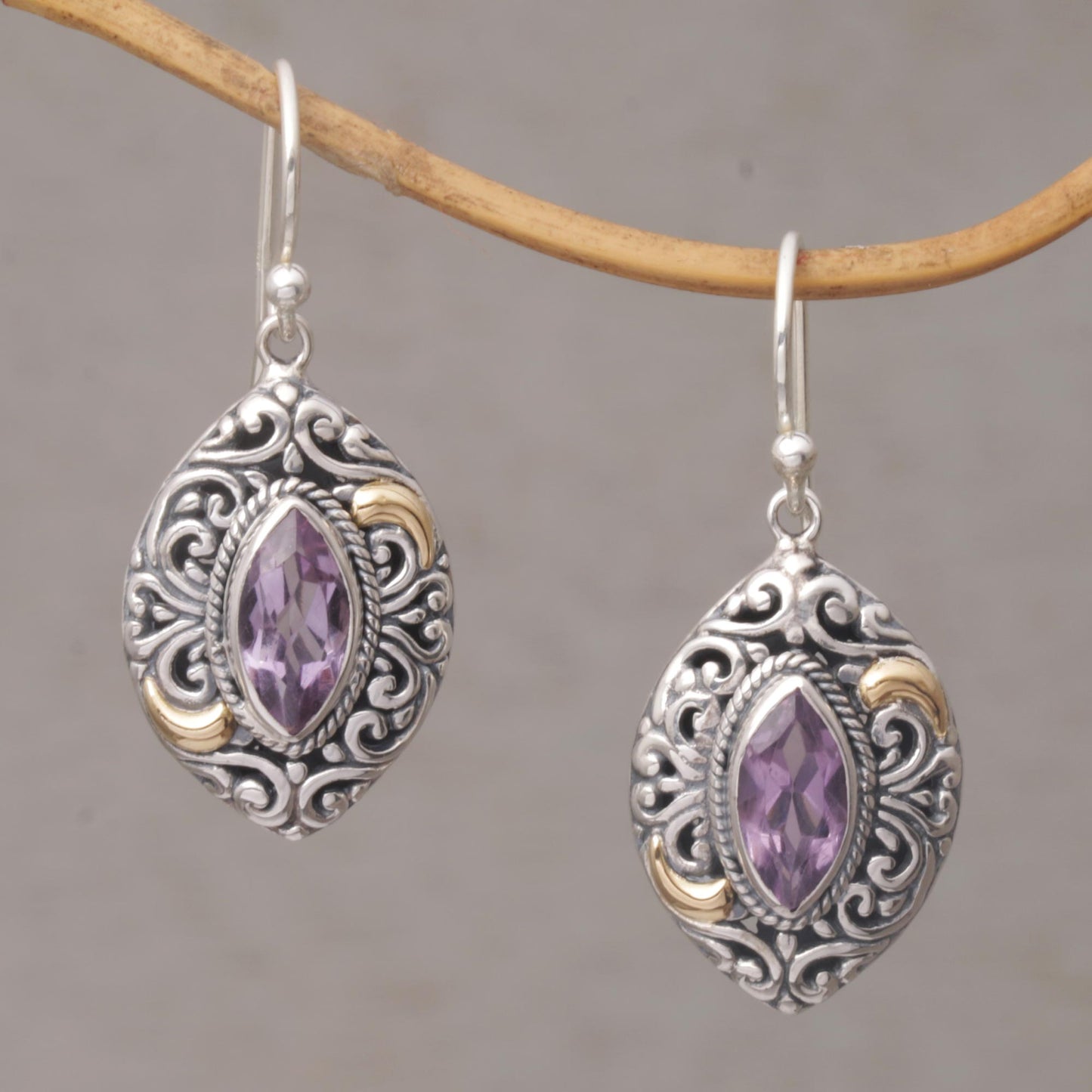 Defiant Beauty Gold Accent Amethyst Swirl Motif Dangle Earrings from Bali