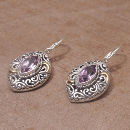 Defiant Beauty Gold Accent Amethyst Swirl Motif Dangle Earrings from Bali