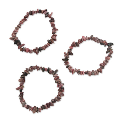 Naturally Enchanting Three Rhodonite Beaded Stretch Bracelets from Brazil