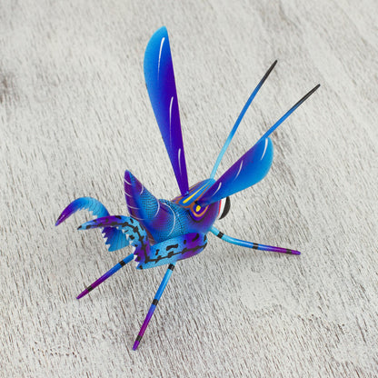 Blue Good Luck Cricket Wood Alebrije Cricket Sculpture in Blue from Mexico