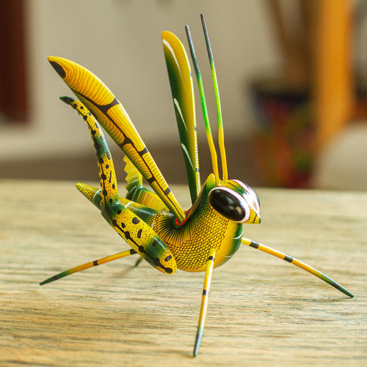 Yellow Good Luck Cricket Wood Alebrije Cricket Sculpture in Yellow from Mexico