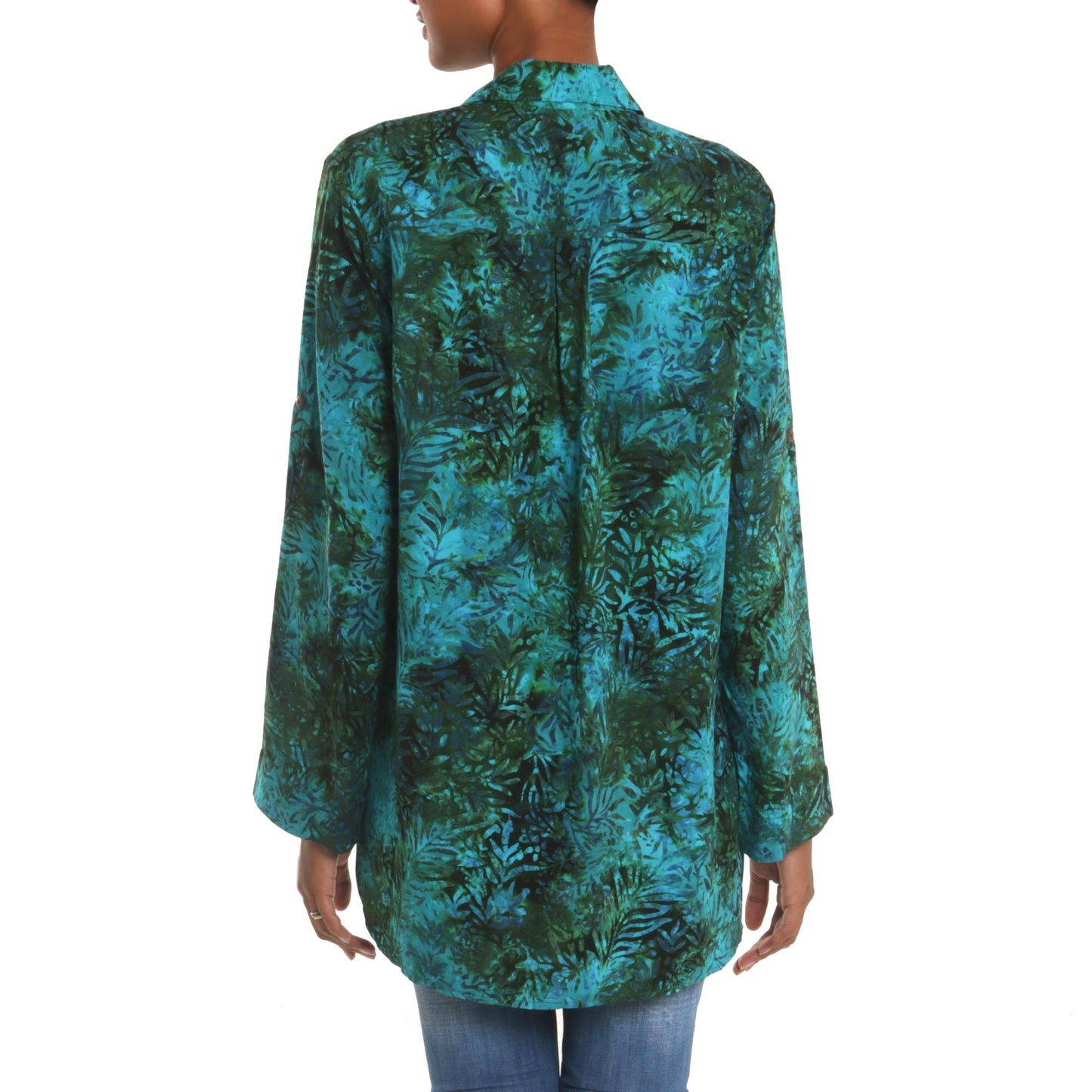 Java Emerald Rayon Batik Long Sleeve Teal Hi-Low Button Shirt