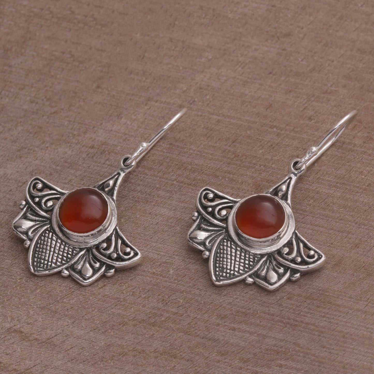 Falcon's Eye Carnelian and Sterling Silver Bird Dangle Earrings from Bali