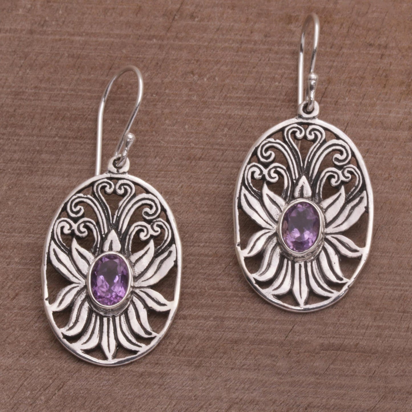 Daylight Lotus Balinese Amethyst and Sterling Silver Lotus Dangle Earrings