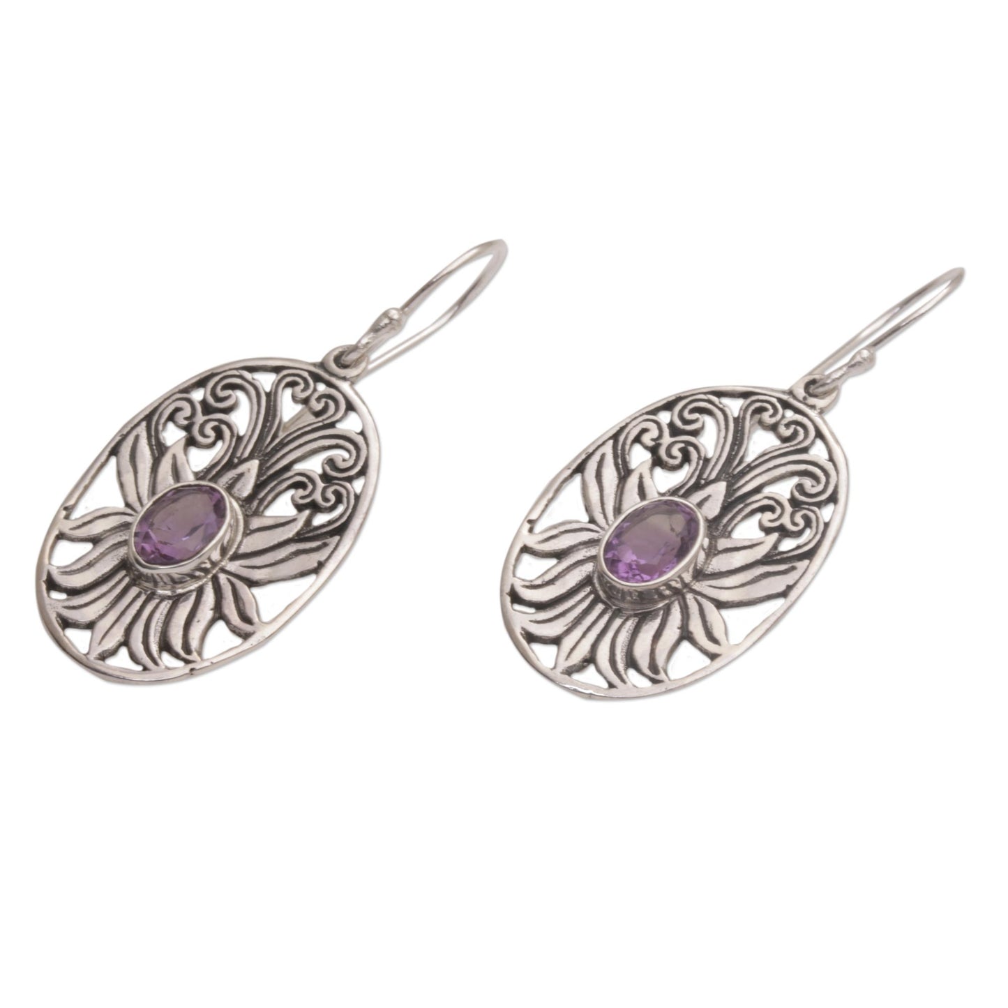 Daylight Lotus Balinese Amethyst and Sterling Silver Lotus Dangle Earrings