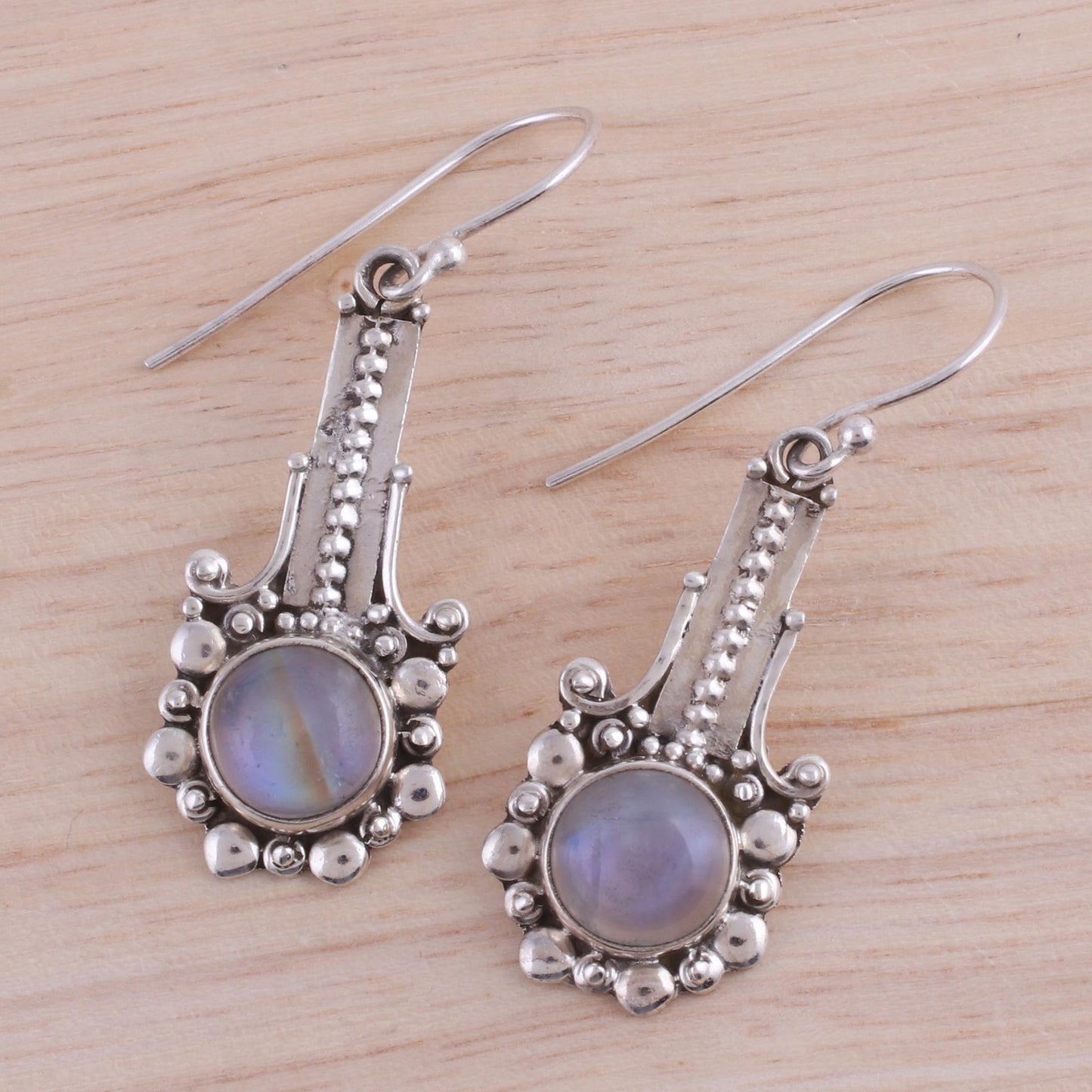 Magical Pendulums Rainbow Moonstone and 925 Silver Dangle Earrings from India