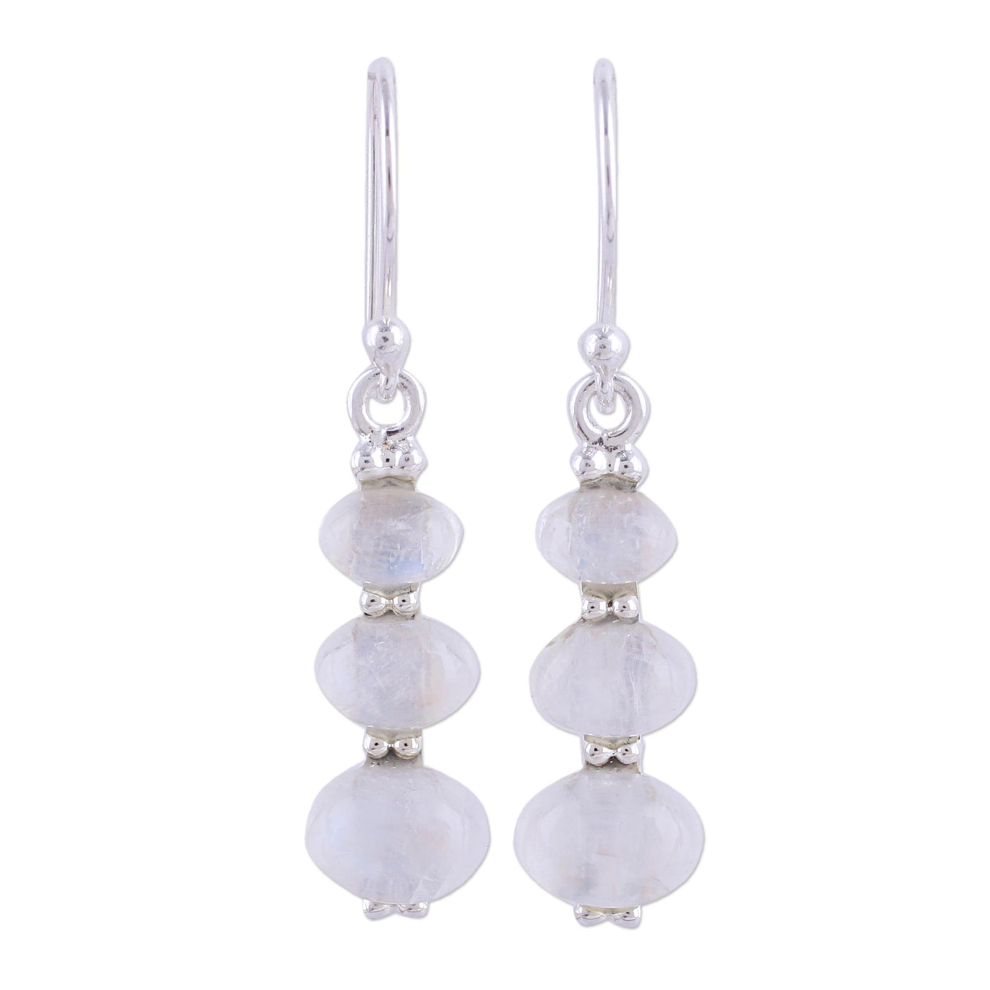 Natural Ellipses Rainbow Moonstone and 925 Silver Dangle Earrings from India