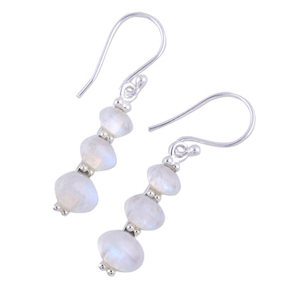 Natural Ellipses Rainbow Moonstone and 925 Silver Dangle Earrings from India