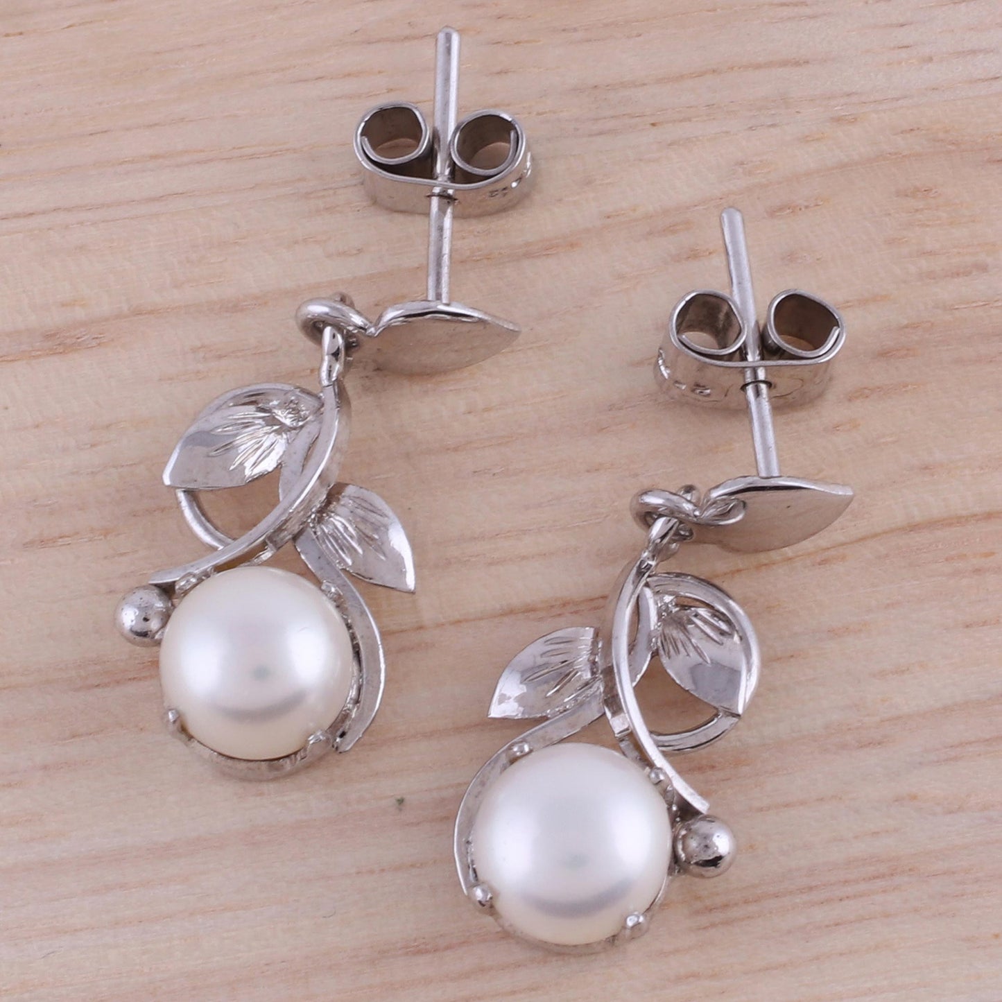 Purity Vines Rhodium Plated Cultured Pearl Dangle Earrings from India