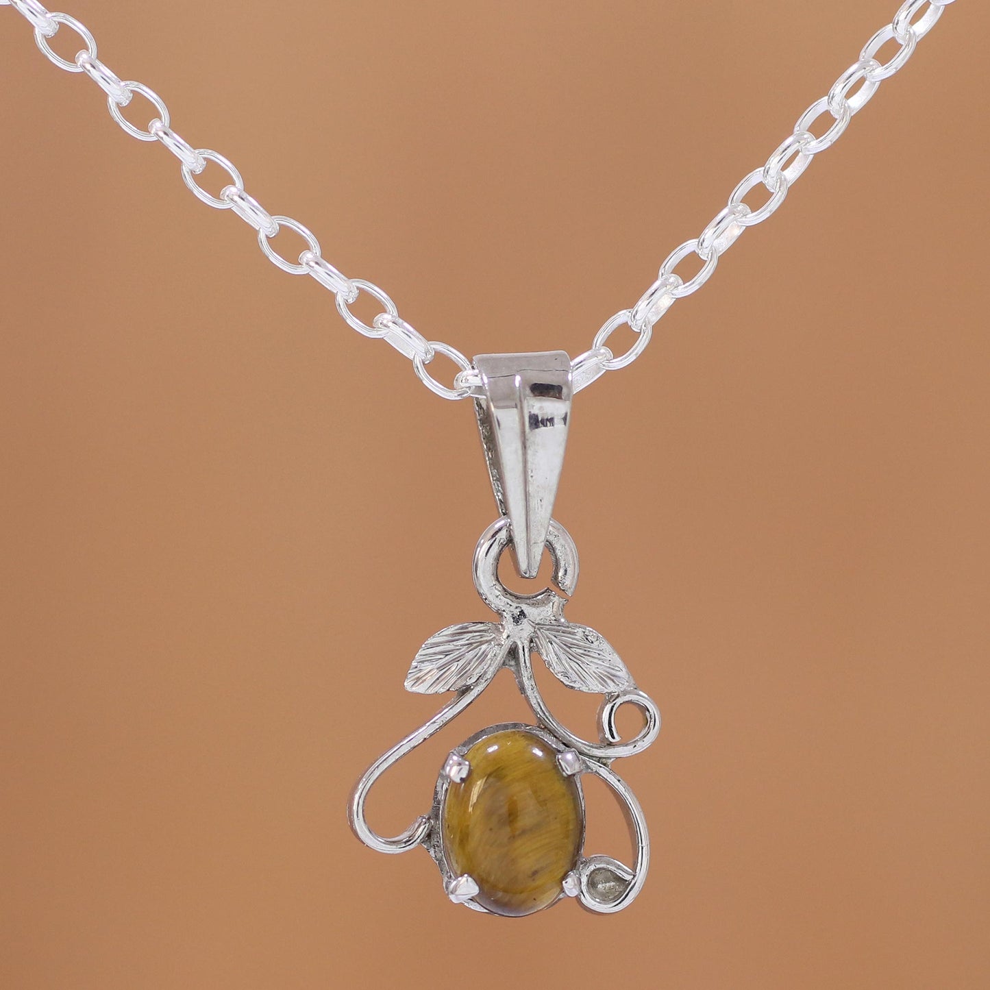 Blossom of Brown Rhodium Plated Tiger's Eye Pendant Necklace from India