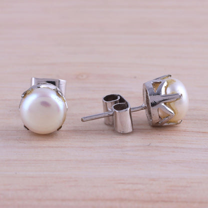 Timeless Appeal Rhodium Plated Cultured Pearl Stud Earrings from India