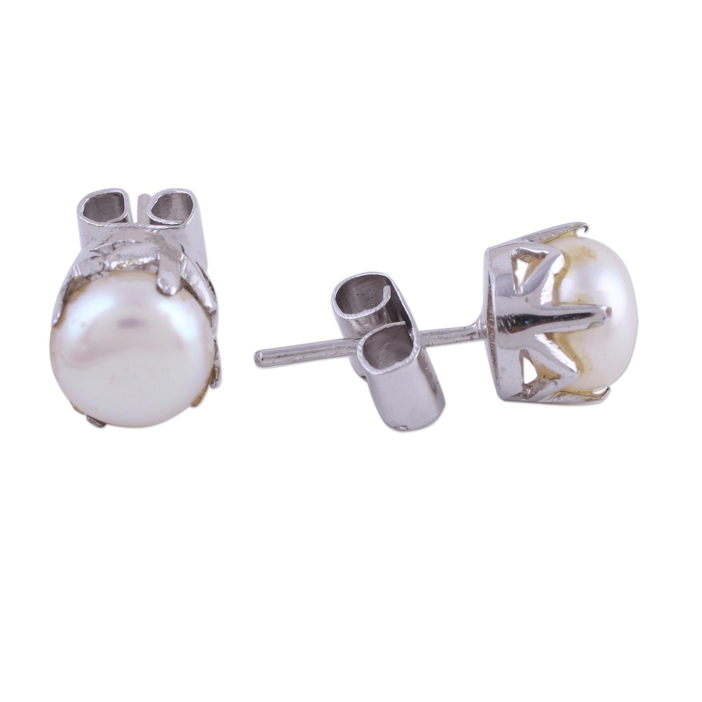 Timeless Appeal Rhodium Plated Cultured Pearl Stud Earrings from India