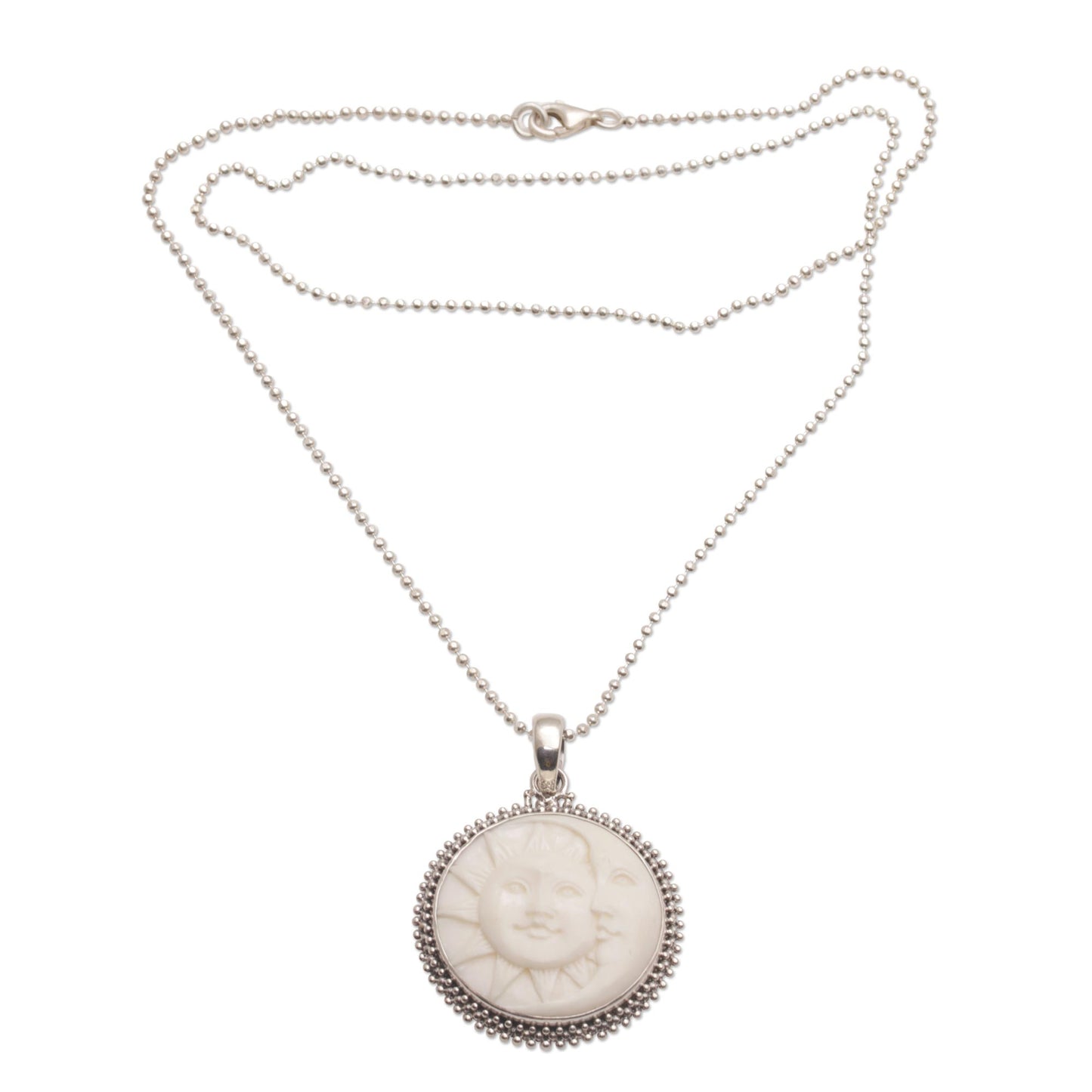 Stellar Lovers Sterling Silver and Bone Sun and Moon Necklace from Bali