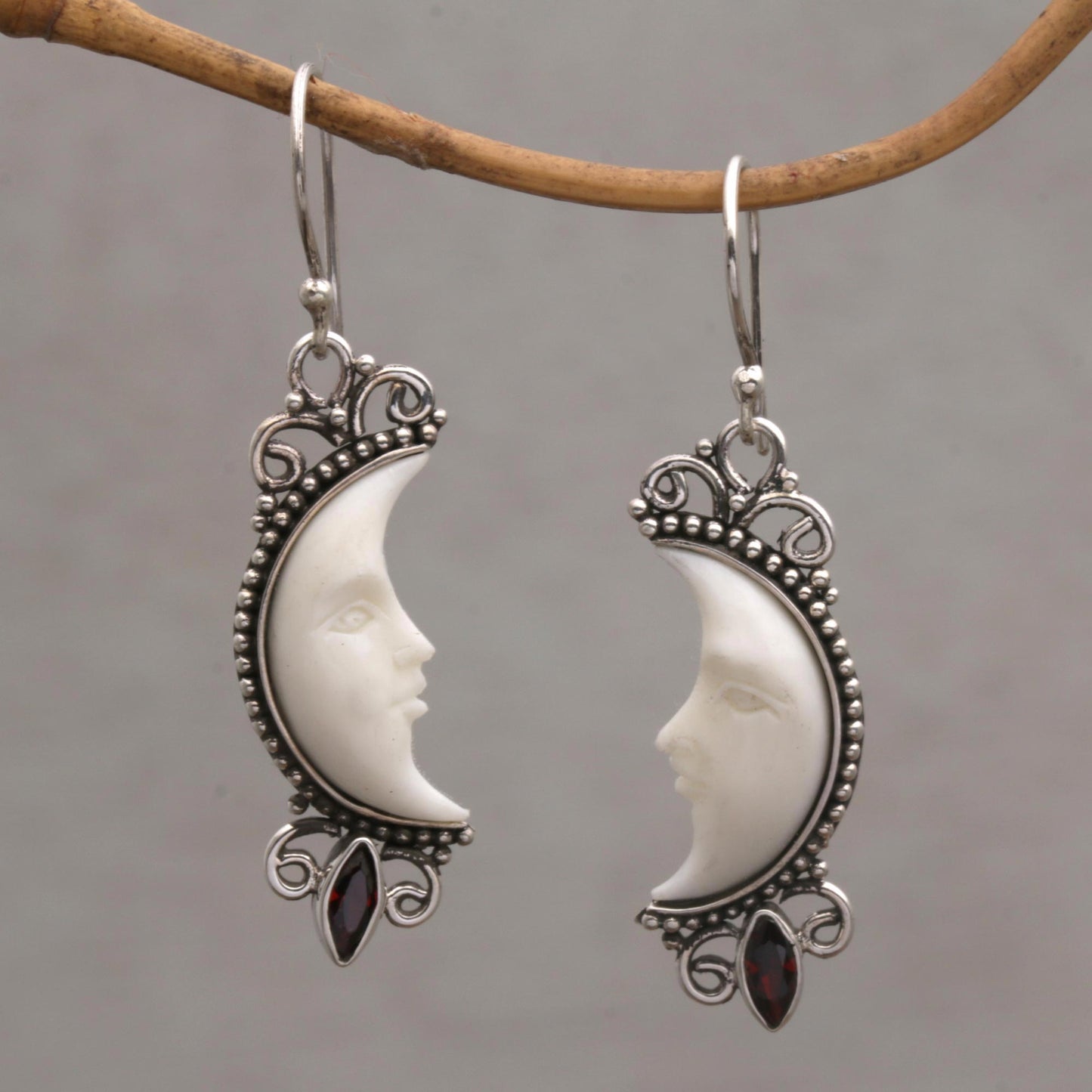 Natural Moonlight Garnet and Silver Crescent Moon Dangle Earrings from Bali
