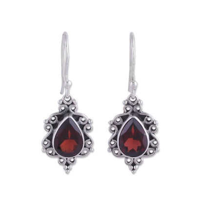 Red Intricacy Sterling Silver and Garnet Dangle Earrings from India