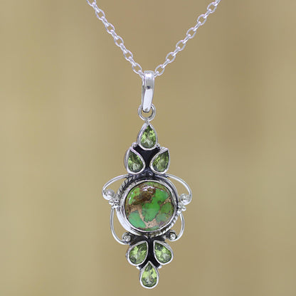 Glittering Green Peridot and Composite Turquoise Pendant Necklace from India